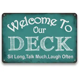 Welcome to Our Deck Sign for Outside - Deck Signs and Decor Outdoor, Vintage Metal Sign for Garden, Pool, Backyard, Patio, Outdoor Decor Wall Art Accessories, 12 x 8 inch