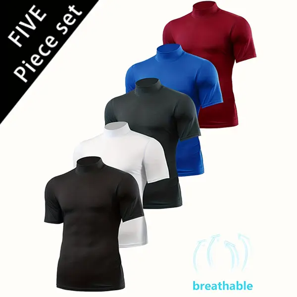 Men's 5pcs Breathable Slim Fit T-Shirts Moisture Wicking Stretchy Crewneck for Gym Running Enthusiasts Shirt Muscle Fishing Hoodie Short Sleeve Sport Performance Fabric Tight Fitting Top Sun Hoodie Shirt Gym Tees Gym Tops compression shirts for men summer