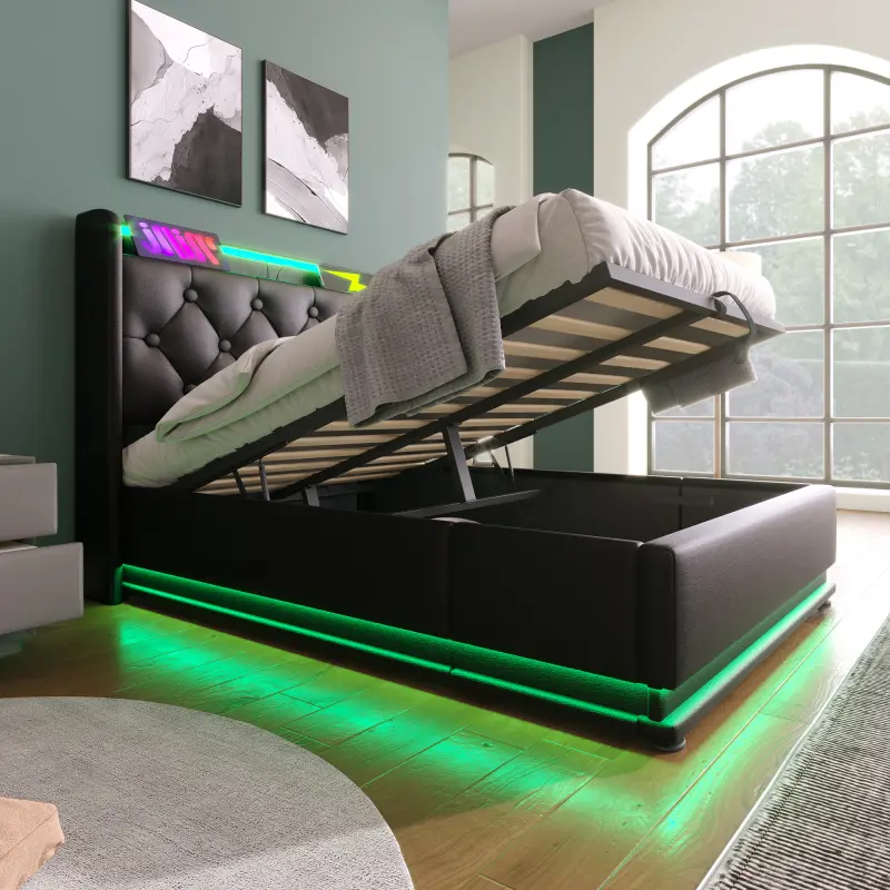 Bellemave Full Size Bed Frame, Upholstered Black PU Bed with 360 Surround LED, Hydraulic Storage, USB Type-C Charging & Classic Tufted Headboard, No Mattress Included, Full Size Bed Frames, Multiple Storage Spaces, Under Bed Storage