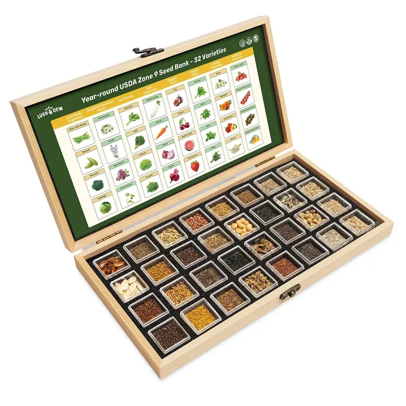 LUSH&DEW Year-Round USDA Zone 9 Seed Bank - 32 Organic Garden Plant Seed Varieties with Vegetables Herbs Flowers Fruits All Seasons Wooden Storage Box