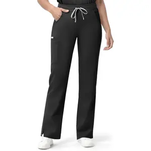 Straight Leg Scrub Pants for Women with 7 Pockets & Drawstring, Mid-Rise Straight Fit Cargo Scrub Pants