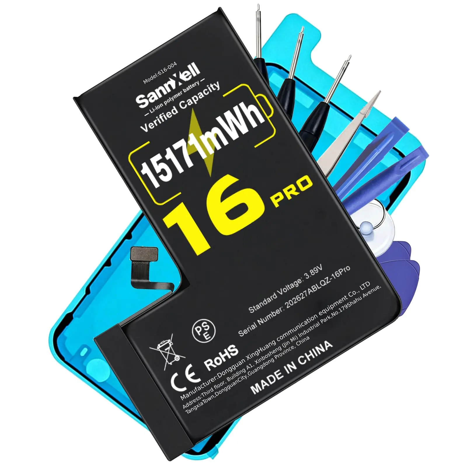 Sannxell Upgraded High-Capacity Replacement Batteries for iPhone 16 Pro, 15171mWh 0-Cycle A3083/A3292+A3293/A3294 Models, Safety-Enhanced Li-ion Battery for Heavy Users with Full Repair Tool Kit Incl.