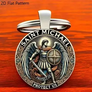 Saint Michael Defender Zinc Alloy Keychain, Engraved “Protect Us” Design, Religious Fashion Gift for Men, Polished Spiritual Pendant, Visual Appeal