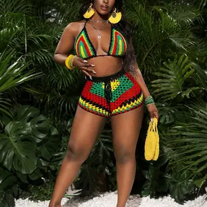 Slaydiva Sexy 2pcs Crochet Beach Outfit Tribal Knit Halter Top and Shorts Set Knitwear Womenswear