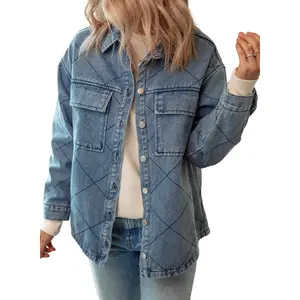Dokotoo Denim Jacket for Women Fashion Solid Oversized Long Sleeve Button Down Shacket Jacket Coat with Pockets