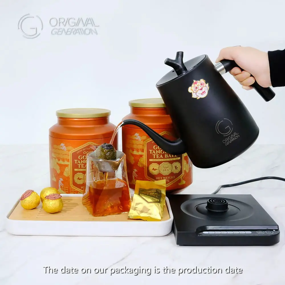 BOGO 2 Tins Golden Tangerine Puer Tea Ball With Tiger Gooseneck Kettle, Glass Pitcher With Filter Bamboo Tea Tray