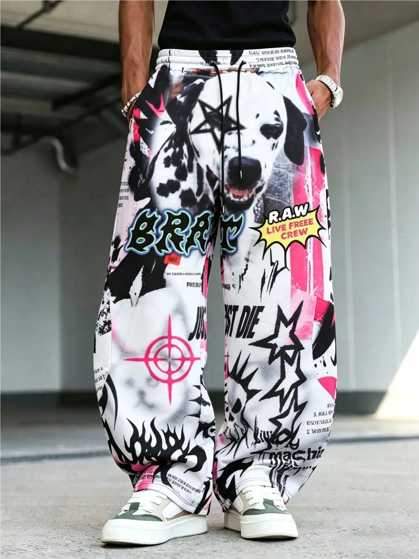 American Street Style Graffiti Sweatpants, Base with Dog, Flame, Star Prints, Brat Lettering, Drawstring, Loose Straight Fit, Trendy and Unique