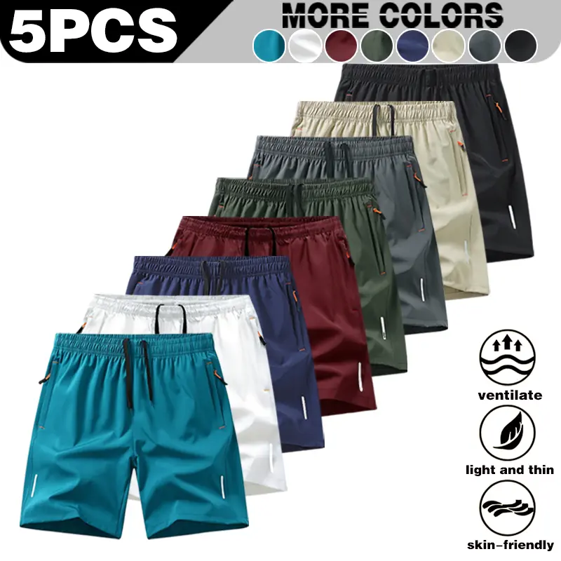 5-pack Summer daily high-stretch, lightweight, ice silk, quick-dry sports shorts, breathable zipper pockets, five-inch pants, versatile bottoms,commuting