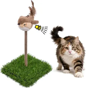 Interactive Cat Toy for Indoor Cats, Chirping Bird Cat Toy with Green Turf Base, Real Bird Sound and Feather Tail, Cats Exercise & Kicker to Self Play
