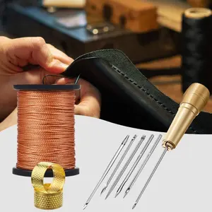 6 Pieces Leather Sewing Awl Needle with Copper Handle,Upholstery Repair Kit 50 M Nylon Cord Thread and 2 Pcs Thimble for Handmade Leather Sewing Tools Shoes and Repair,New Year Gifts,Hand Tools Kits