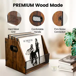 Vinyl Record Storage Crate | Magazine Holder, Metal & Wooden Box, Vinyl Record Holder, Holds 60 LPs, Vintage Wood Design, Space-Saving, File Rack File Sorter Desktop File Organizer