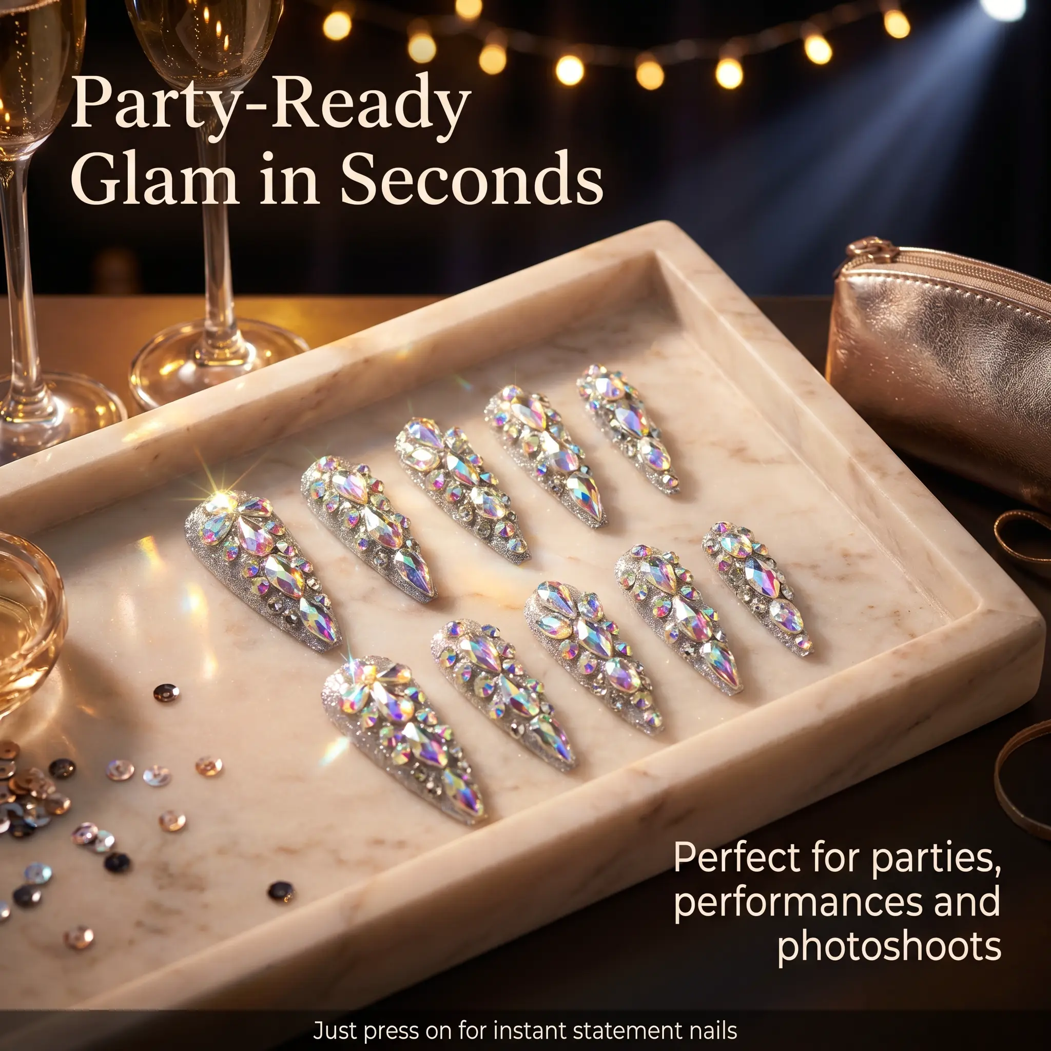 【FULLY ENCRUSTED DIAMOND】Luxury Diamonds Sparkle Princess Nails needlepoint  Handmade Press on Nails Nail Art fake nails Stunning  Butterfly charms with Accents Colorblock Bow Rhinestone Glossy Water Ripple French kit nail glue on nail tip piggy reusable