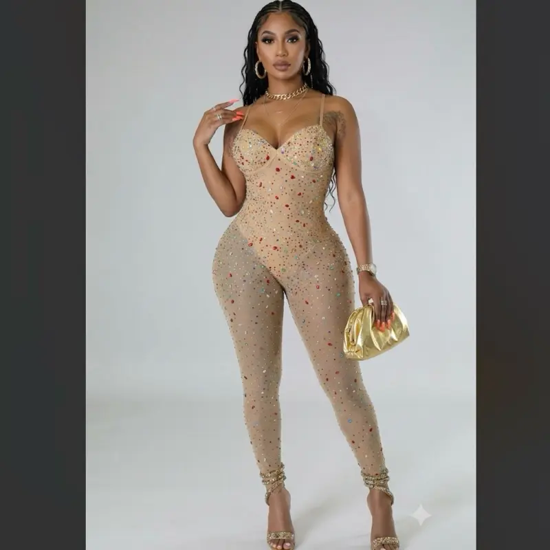 Luxe Diamond-Rhinestone Mesh Jumpsuit