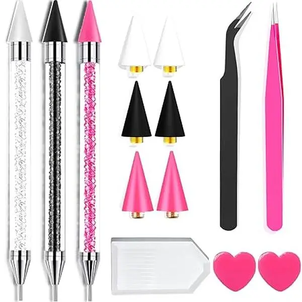 14 Pcs Rhinestone Picker Tool Kit - 3 Dual-Head Rhinestone Pens, 6 Wax Tips, Useful Clay, Precision Curved & Straight Tweezers, Lightweight 4.66 oz Handmade Nail Art Kits for DIY Nails at Home