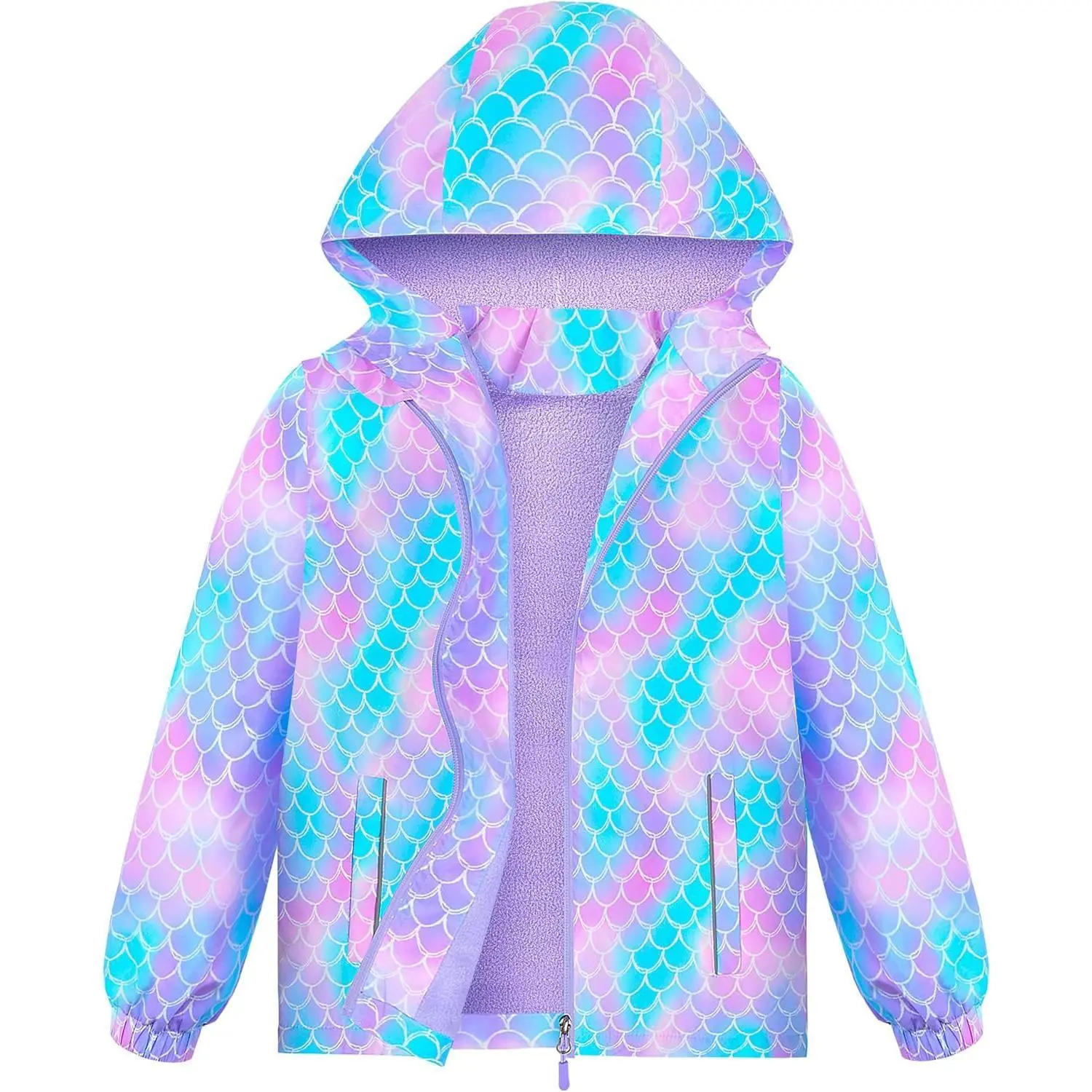 Toddler Girls' Mermaid Graphic Reusable Rain Jacket - Waterproof, Hooded, Fleece-Lined, Lightweight Windbreaker with Elastic Waistband, Spring Sports & Outdoor Wear, Zip, Windy Day, Outdoor Activities, Unicorn/Mermaid, Prop 65 Safe, Kids Outdoor Play