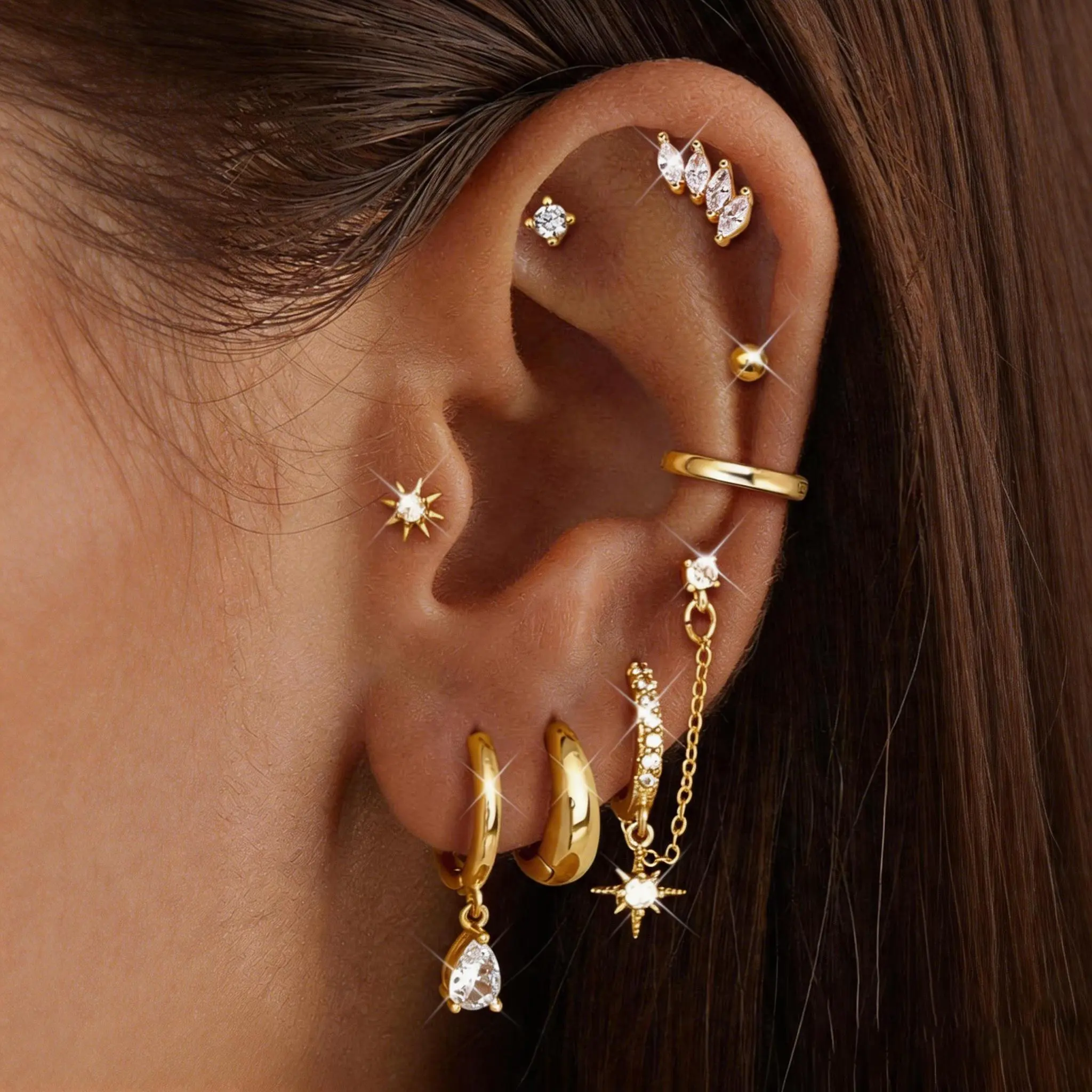 CASSIECA 8Pairs Earrings Stack Set for Women Gold-Plated Hypoallergenic Chain Cartilage Pieces Silver Huggie Hoop Studs for Multiple Piercings Lightweight Jewelry For Women Summervibes,summerwins