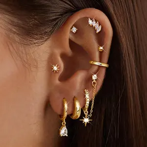 CASSIECA 8Pairs Earrings Stack Set for Women Gold-Plated Hypoallergenic Chain Cartilage Pieces Silver Huggie Hoop Studs for Multiple Piercings Lightweight Jewelry For Women Summervibes