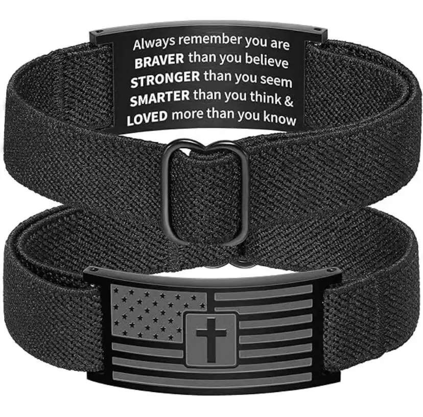 .K American Flag Cross Bible Verse Bracelet for Men - Black Elastic Strap Christian Jewelry with Adjustable Buckle, Christian Gifts