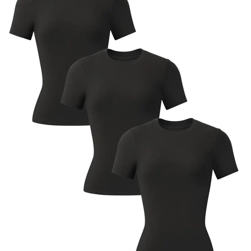 【Black Friday】3-Pack Women's Solid Casual Sports Tees, Breathable Comfortable Short Sleeve T-shirts for Yoga, Gym, Workout & Running, Ladies Fitness Activewear for Summer