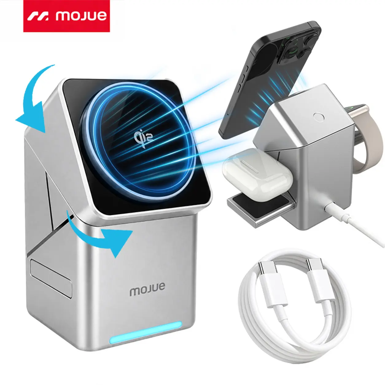 MOJUE 3 in 1 Wireless Charging Station for Apple & Samsung Phone, Wireless Charger Qi 2 Certified 15W Fast Magnetic Charger Stand with Charger Cable for Magsafe iPhone 17/16/15/14/13/12 Pro Max Series, Apple Watch, AirPods tiktokshopbacktoschool