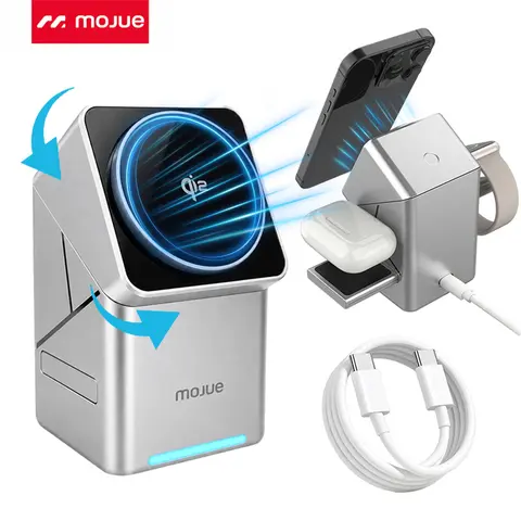 MOJUE C711 3-in-1 Portable Qi2 Certified 15W Fast Magnetic Charging Station Full Kit (With Cable) - USB-C Auto-Rotate Pad for iPhone 18/17/16/15/14/13/12 Pro Max, Smartwatch, Earbuds, iPhone-Compatible Mobile Chargers for Smartphone, Cellphone, Devices