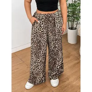 ��Plus Size�� All Over Leopard Print Drawstring Waist Wide Leg Pants, Casual Pocket Trousers for Daily Wear, Women's Bottoms for All Seasons