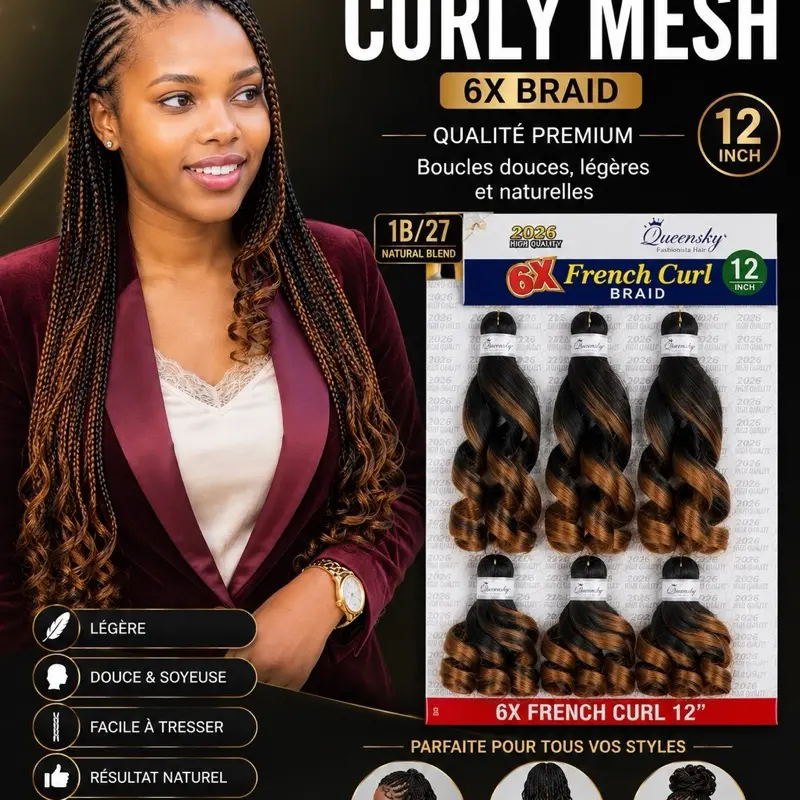 French Curly Mesh Hair Extensions, 6 x 1b/27 Color Blend
