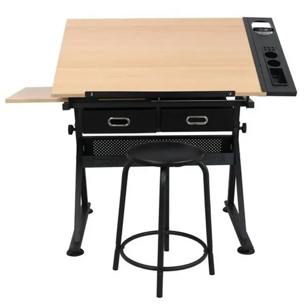Adjustable Height Tiltable Tabletop Drafting Drawing Table with Durable End Tables & Matching Stool for Craft Use