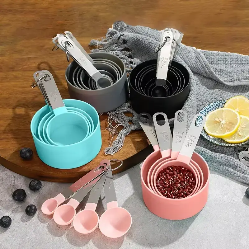 Heavy Duty 8-Piece Stackable Measuring Cups and Spoons Set - Turquoise Stainless Steel Handle Plastic Kitchen Utensils, Dishwasher-Safe Kitchen Accessories for Baking, Coffee, Tea