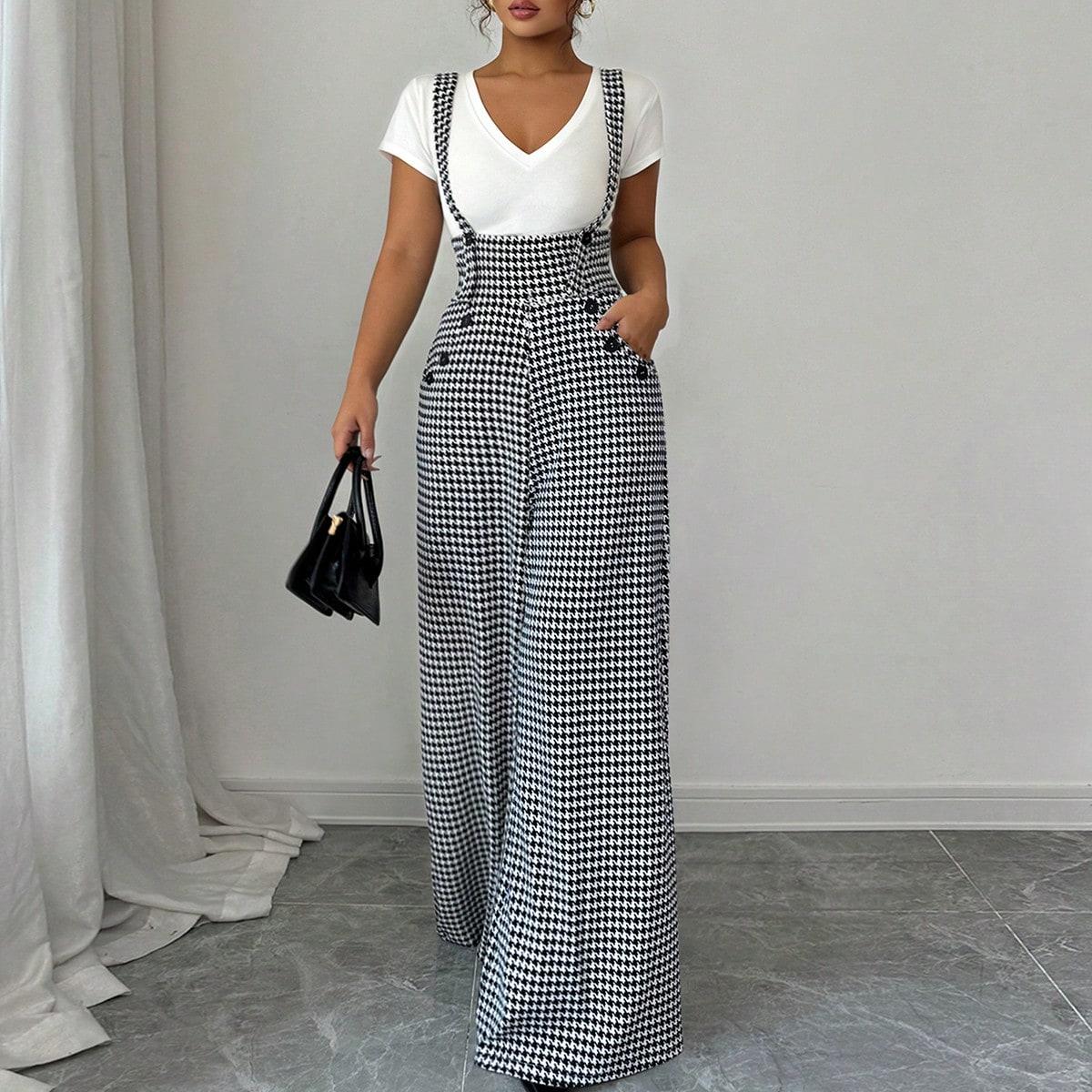 ASANDY Women's Houndstooth Print Wide Leg Overalls Button Detail High Waist Suspender Jumpsuit Casual Elegant Silhouette Versatile Style Perfect For Office Daily Brunch & Streetwear Looks