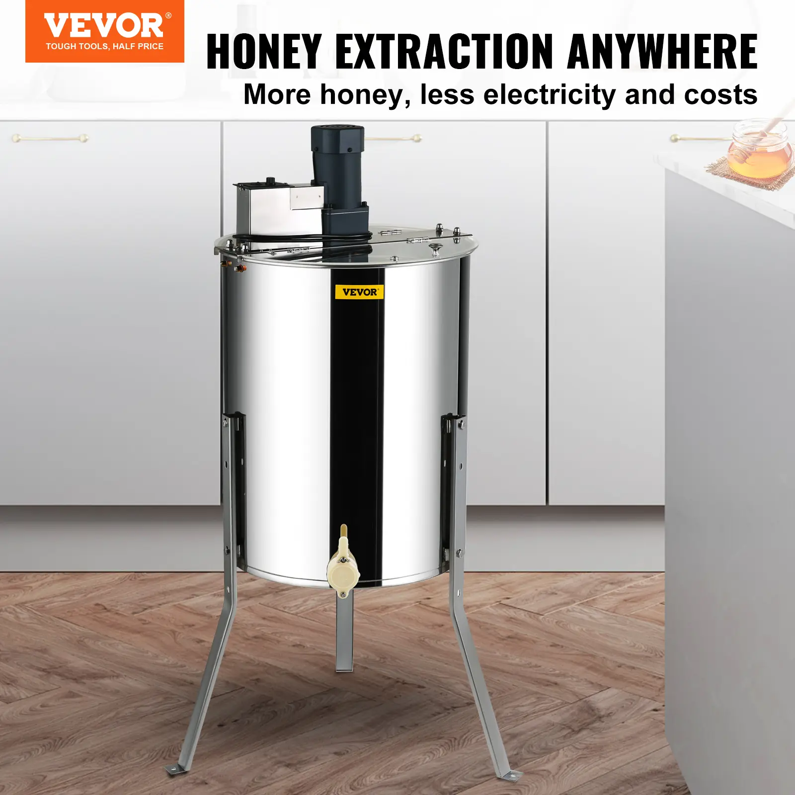VEVOR 4/8-Frame Stainless Steel Electric Honey Extractor, 140W Deep Beekeeping Centrifuge with Height-Adjustable Stand, Polished High-Speed Drum Spinner Lid for Apiary Cleaning, Kitchen/Basement Use (18.9'' x 6.3'', Father's Day Gift)