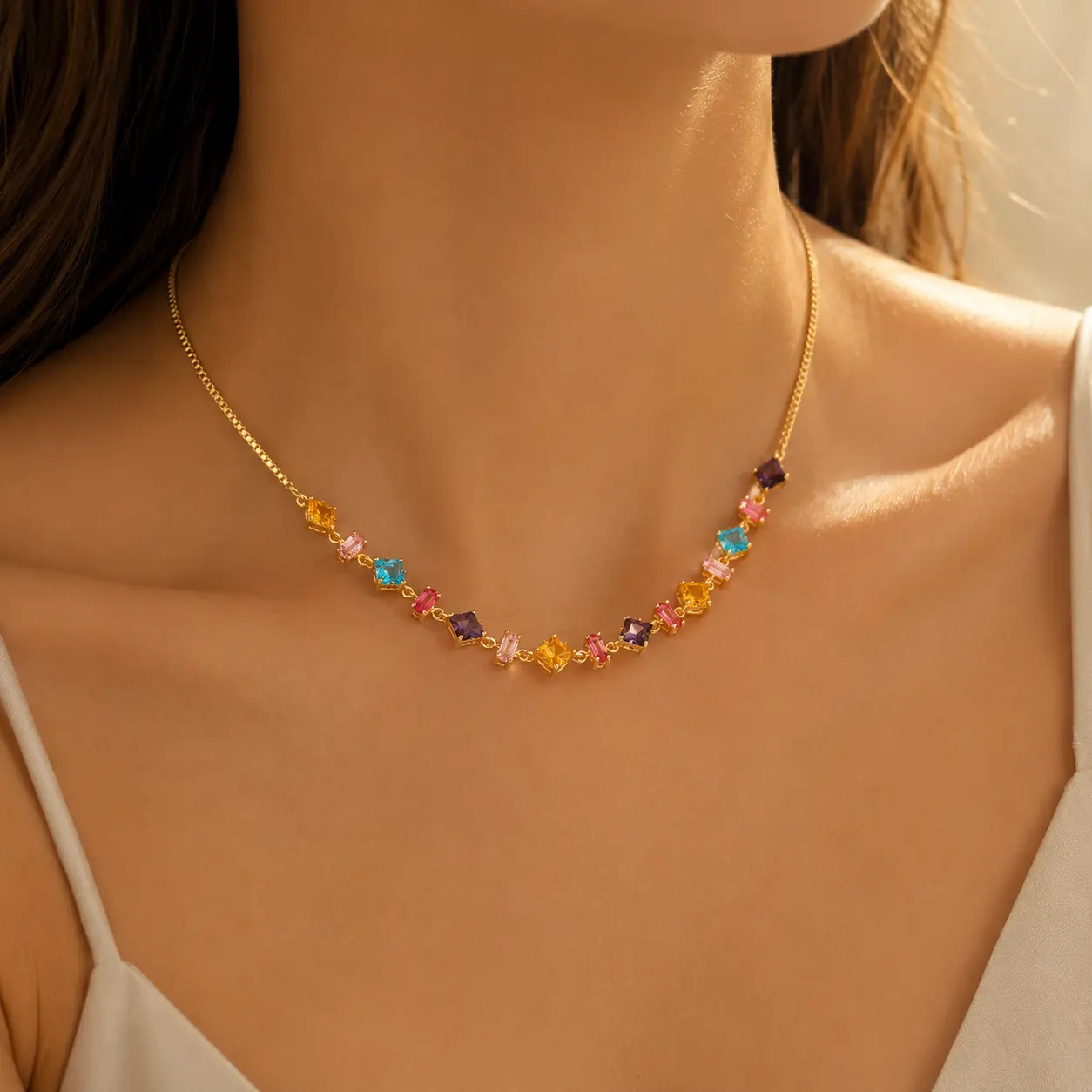 Women's Long Rainbow Cubic Zirconia Station Necklace, Colorful Gold-Plated Adjustable Chain Jewelry, Cute Daily Gift for Her