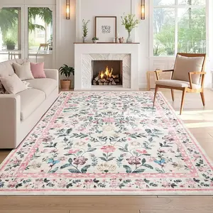 Floral Border Rug Low Pile Modern Printed Rug Washable Area Rug Stain Resistant and Non-slip for Bedroom Dining Room Living Room Playroom Kids Room Office