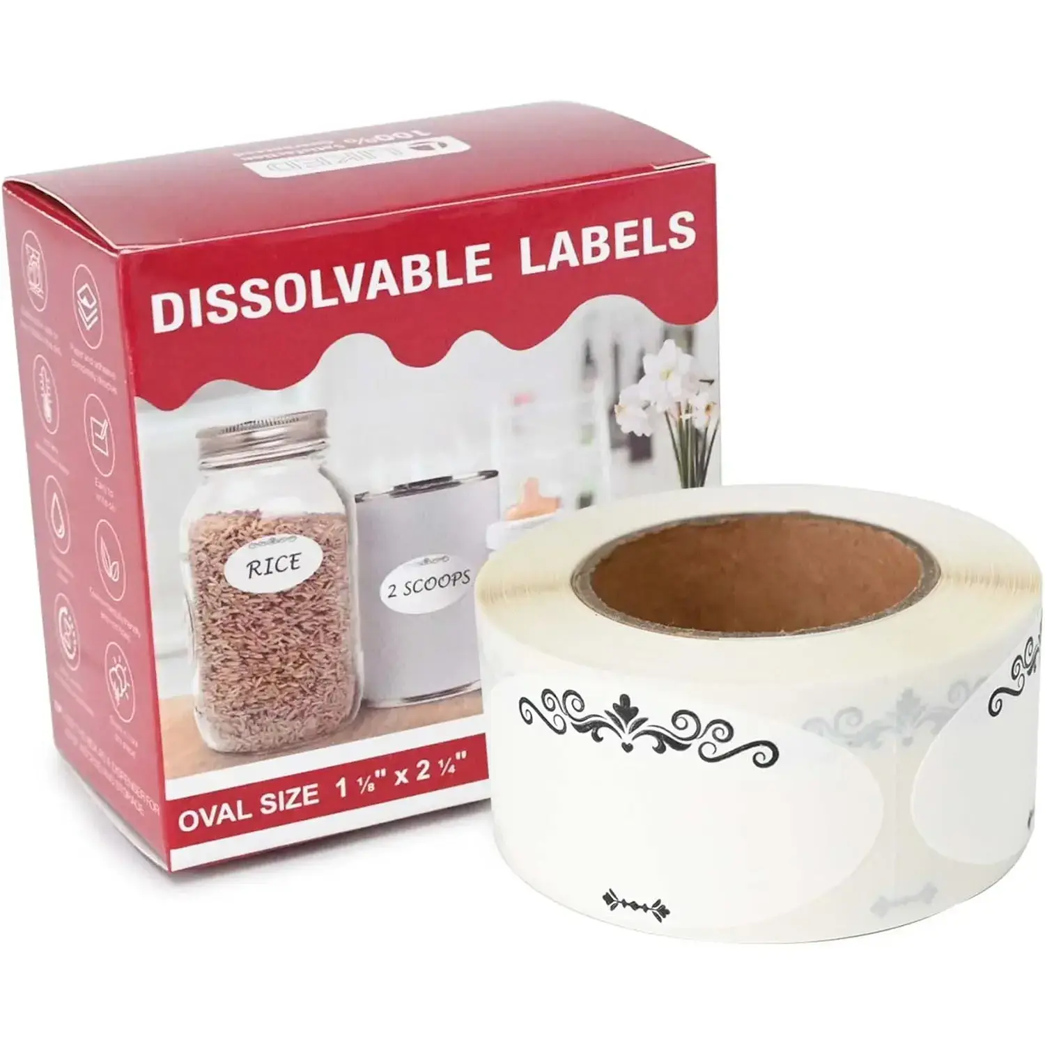 Dissolvable Food Labels (1 Roll, 250 Count, 1 1/8 x 2 1/4 in) - No Residue Canning Labels for Mason Jars, Food Prep Use on Glass & Metal Surfaces