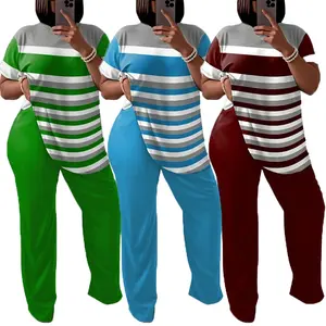 2026 New Women Plus Size 2 Piece Outfits Hot Striped Loungewear Summervibes' Sets Casual Wide Leg Pants Sweatsuits Casual Outfits Sports Four-Season Suit