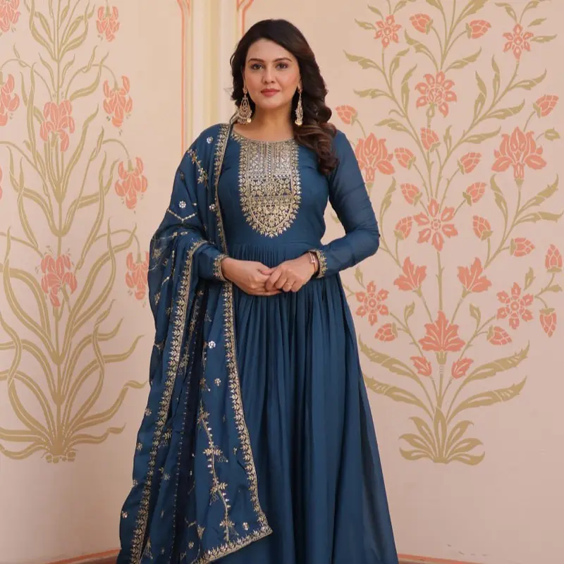 Women' Teal Georgette Anarkali Wedding Party Wear Eid Collection Indian Set with Zari Thread & Sequins Embroidery Faux Blooming Georgette Fabric Readymade Gown with Dupatta LW-9227