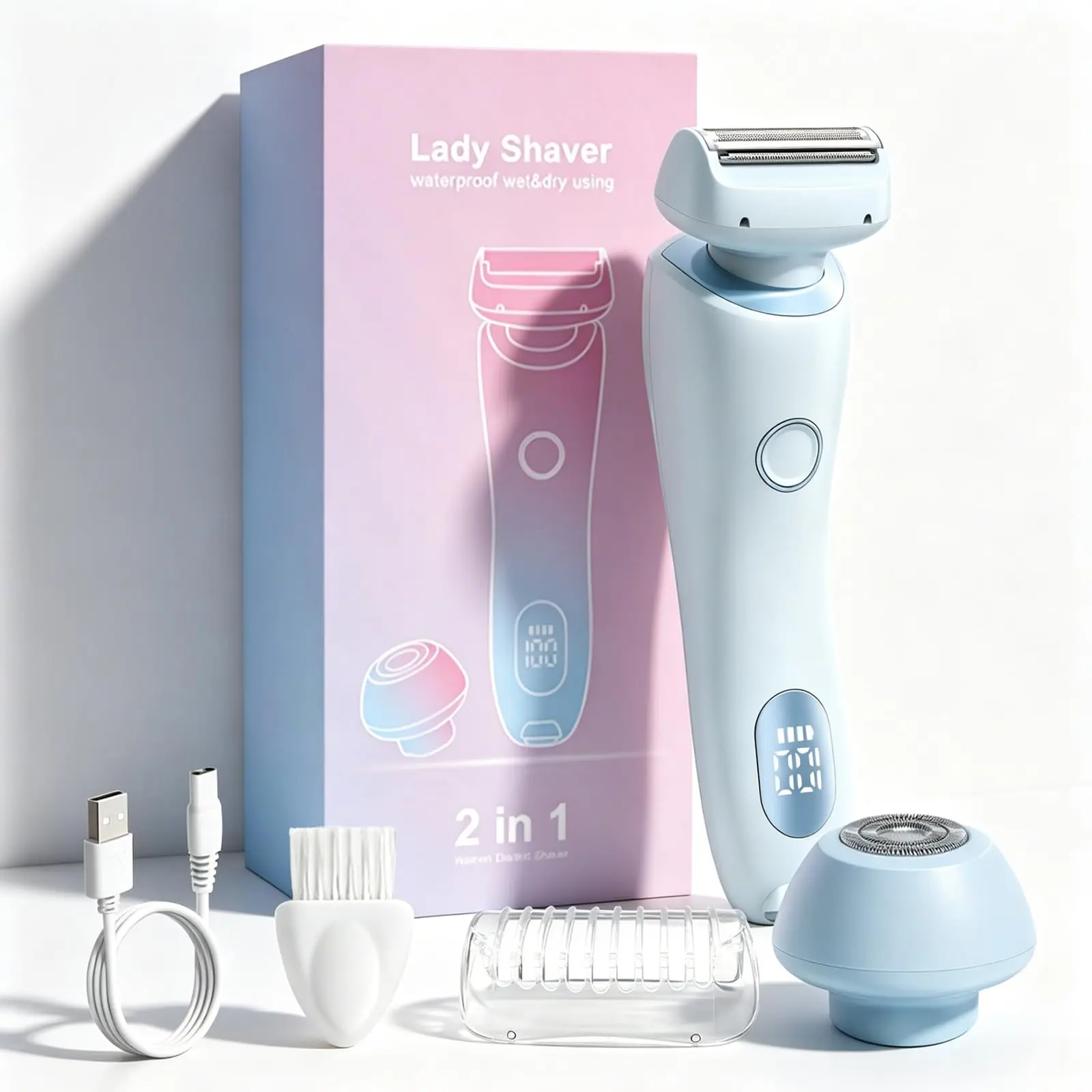 Women's 2-in-1 Painless Hair Removal Device - IPX7 Waterproof Rechargeable Electric Shaver with Detachable Blades, Batteries, Rechargeable Battery Pack, Bikini Line Trimmer for Legs, Arms (Blue), Shaver For Women, Rechargeable Battery Pack Hair Removal De