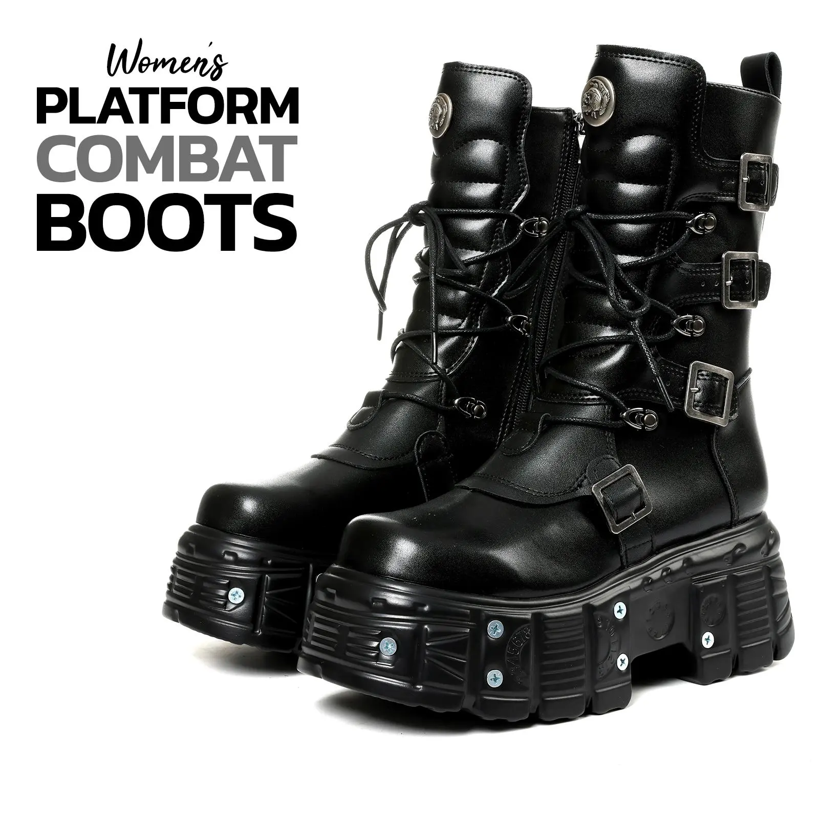 Womens Mid Calf Boots Goth Platform Round Toe Chunky Block Heel Multi Buckle Strap Lace Up Side Zipper Metal Rivet Details Party Combat Motorcycle Rave Punk Concert Cyber Emo Fashion Comfortable Trendy Shoes