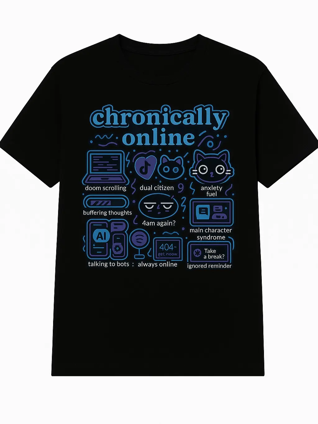 Chronically Online Graphic Tee with Neon Blue & Purple Icons – Funny Internet Culture T-Shirt for Casual Streetwear Vibes