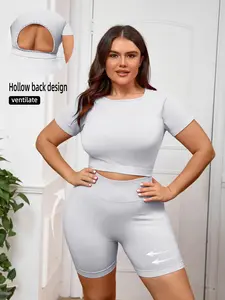 Women's Plus Size Seamless Nylon Backless Gym Clothes Yoga Workout Activewear Athleisure Summer Clothes Candy Color Athletic Stretchable High Stretch Breathable Seamless Yoga Sportswear Short Sleeve Top and High Waist Yoga Shorts Set