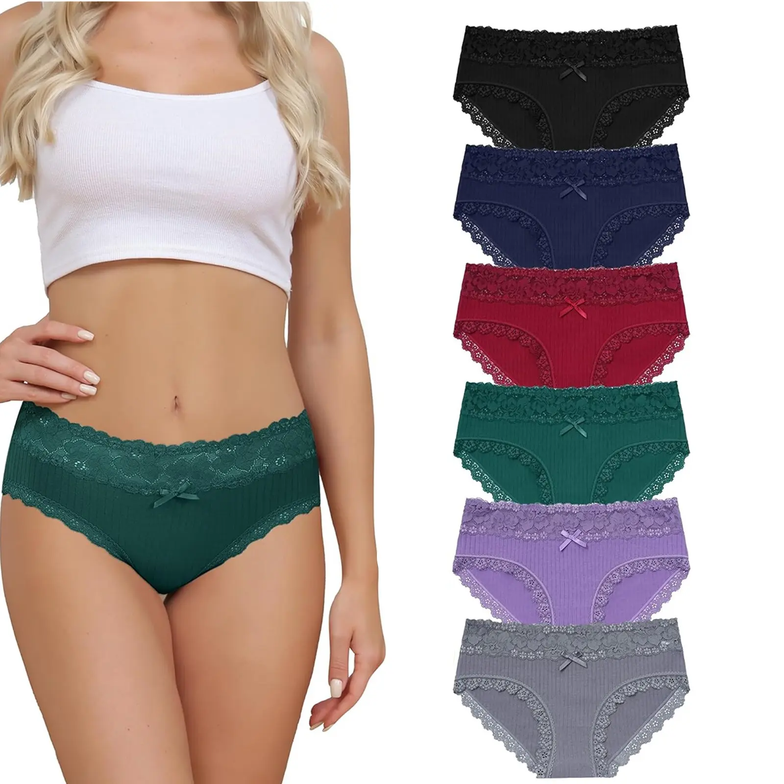 LEVAO Women's Cotton Bikini Panties 6-Pack - Low-Rise, Breathable Spandex Fabric, Lace Trim, Elastic, Seamless Lingerie, Fashionable, Holiday & Birthday Gift, Basic Sleeping Underwear (Hand Wash, Foldable, Bow Accent)