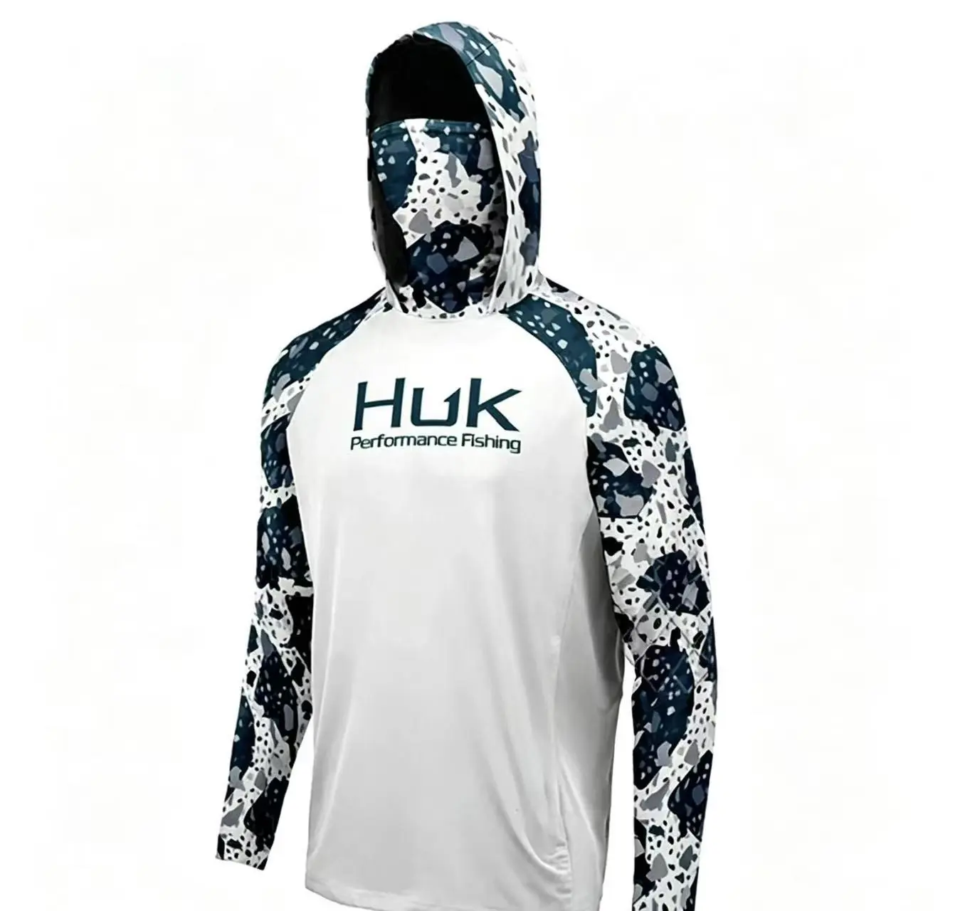 Men's Printed Long Sleeve Fishing Hoodie with Built-In Mask, UPF50 UV Protection, Quick-Dry Fabric Rash Guard for Saltwater Angling, Kayaking, Boating