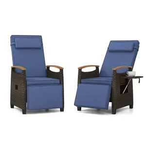 COSTWAY - Patio Wicker Recliner Chair with Adjustable Backrest and Footrest-Navy