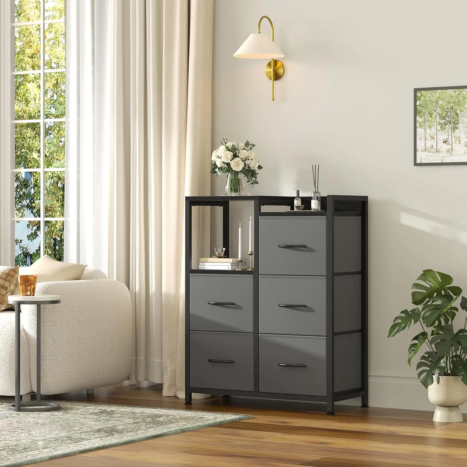 5 Drawer  Dressers for Bedroom 2 Tier Shelf Storage Small Fabric Dresser for Closet Sturdy Metal Frame Modern Style Storage Cabinets Organization Units for Hallway Rooms