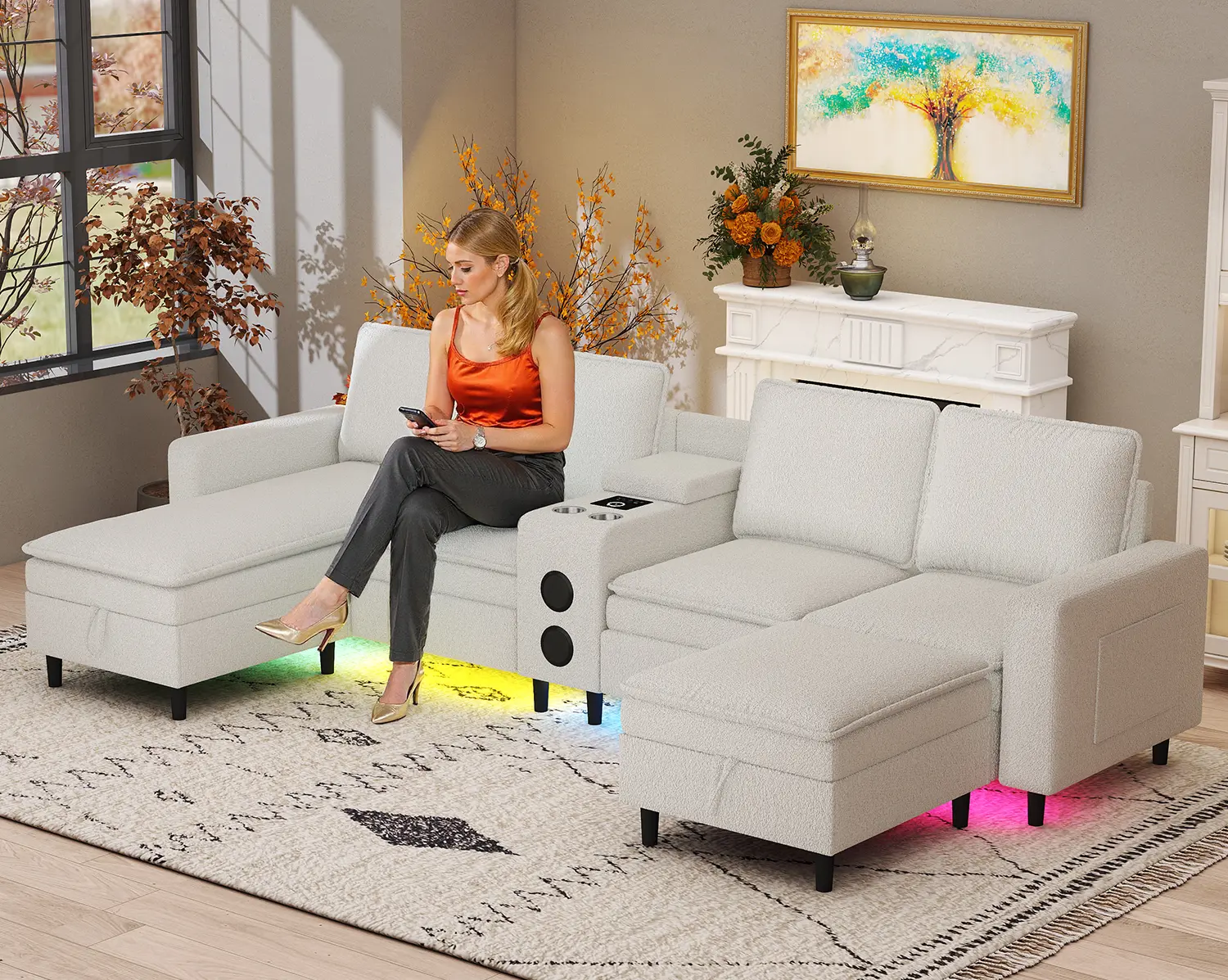 【2-3packages】120-inch 3-in-1 U-shaped cozy teddy fleece 6-seater sectional sofa, equipped with speakers, wireless charging and LED lights, movable modular storage design, high-density foam and pocket coil spring support, lazy chaise lounge layout