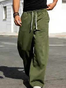 Men's Fleece Lined Loose Pants, Casual Relaxed Fit, Wide Leg Street Style Long Pants, Y2K Workwear with Drawstring, Casual Daily Commute, Activewear, Athletic, Sportswear, Casual Sport Trousers