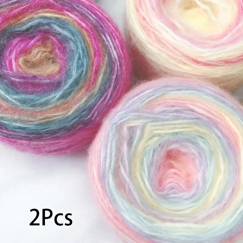 2pcs Long section dyed gradient dreamy colored mohair hand - crocheted hand - blended yarn ball, thick yarn, material kit for scarf, Crochet Set Kit