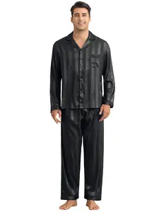 INSPIRE CHIC Men's 2 Pieces Satin Long Sleeve Striped Button Down Casual Pajamas Set