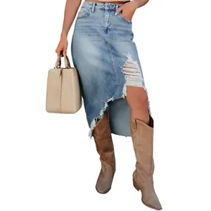 Asvivid Women's Trendy Asymmetrical Ripped Slit Denim Midi Skirt Frayed Raw Hem Western Jean Skirts Irregular Distressed Bottom Casual