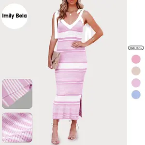 Imily Bela Women's Summer Midi Bodycon Sweater Dress - Sexy V-Neck, Tie Shoulder, Striped Knit, Side Slit, Sleeveless Tank Cocktail Ribbed Dress